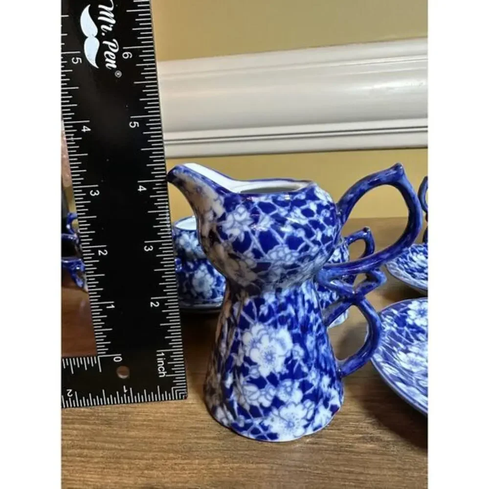 Victoria Ware Stoneware Small‎ Tea Cups Saucers Sugar Creamer Cobalt Flue Floral